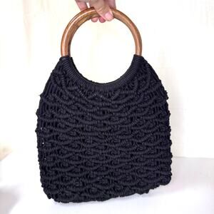 SIGRID OLSEN Macrame Bag Wood‎ Ring Handle Black Summer Beach Boho Casual